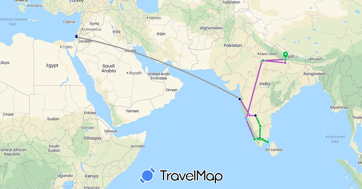 TravelMap itinerary: driving, bus, plane, train, boat in Israel, India (Asia)